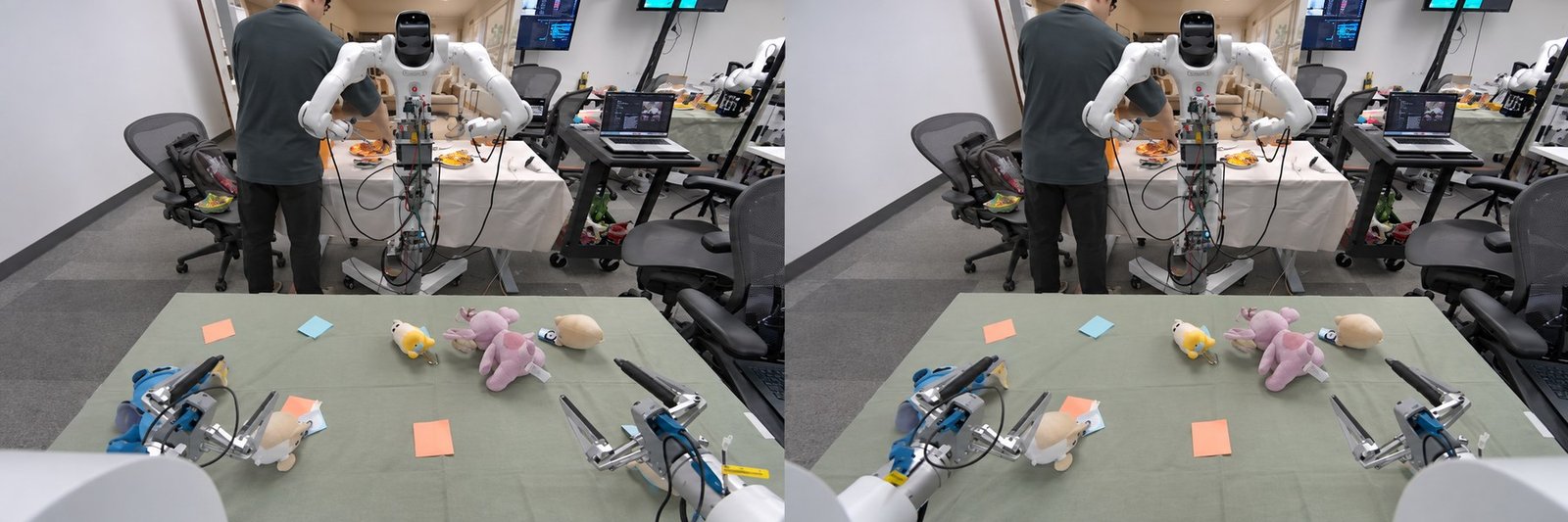 Illustrative egocentric stereo robot-camera view showing hand-object interaction